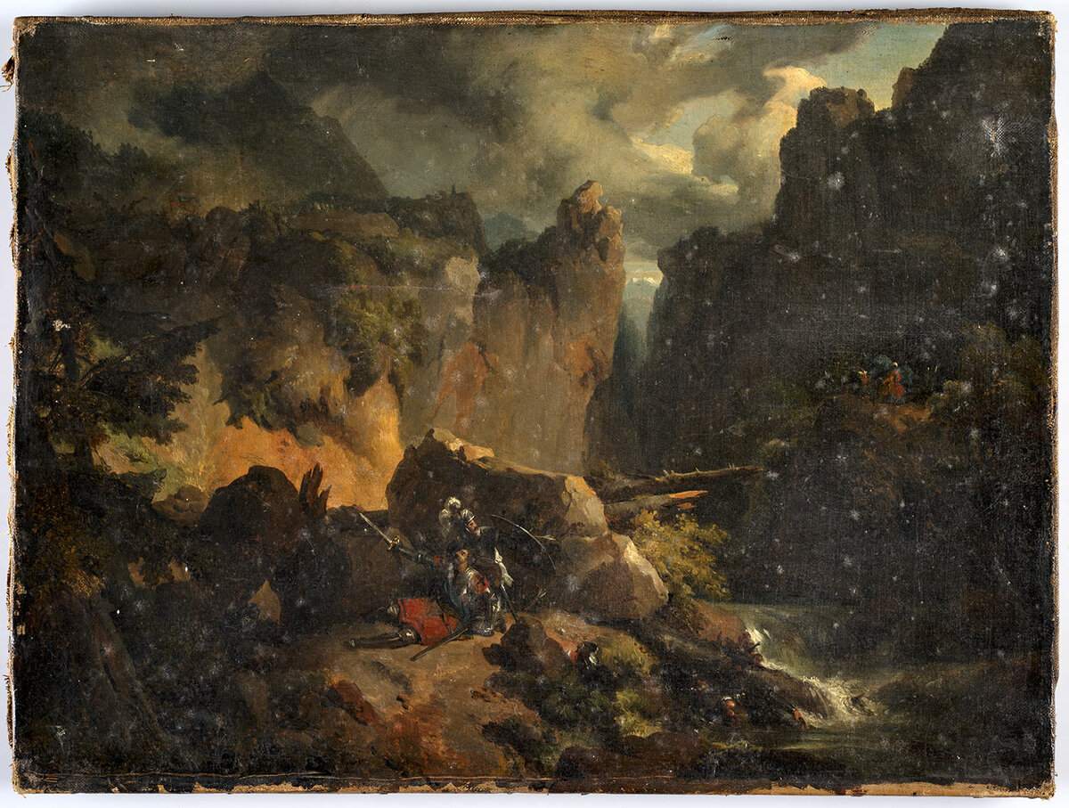 Peinture de style baroque représentant un paysage montagneux sombre et dramatique, avec des rochers escarpés et un ciel nuageux. Au premier plan, deux personnages en armure s'affrontent près d'une cascade, dans une composition évoquant une scène de bataille ou d'embuscade.