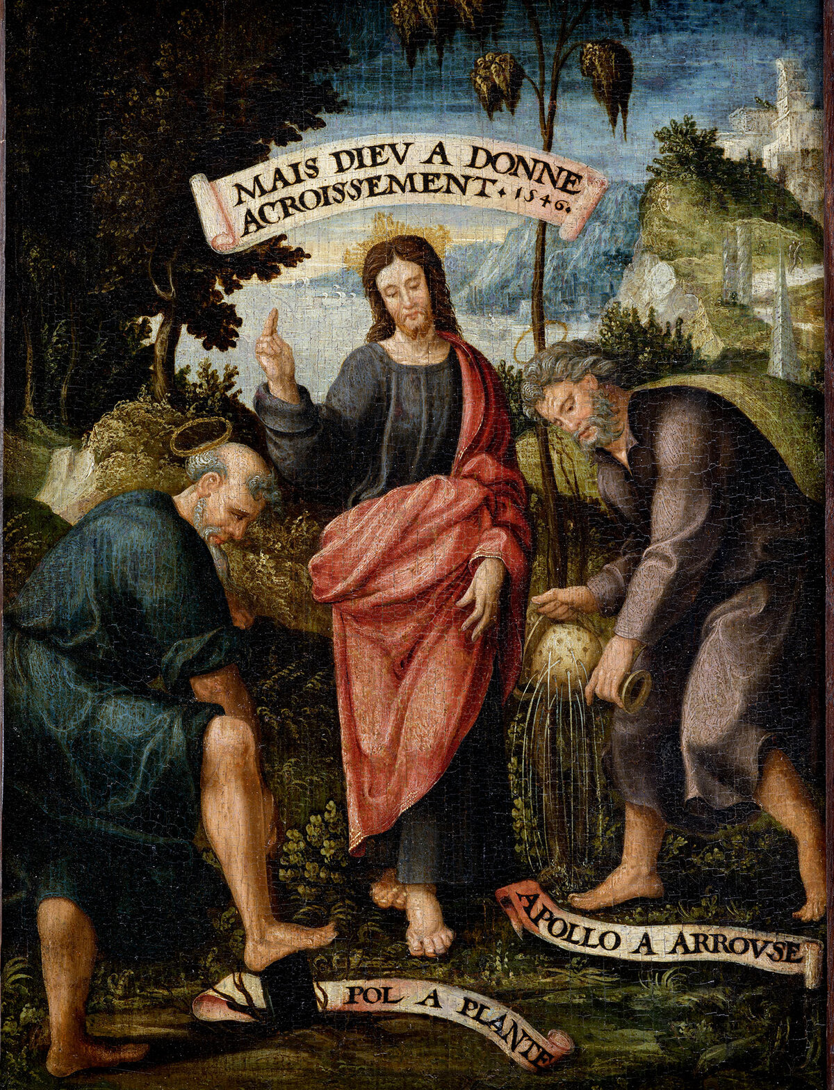 Peinture religieuse du XVIe siècle représentant le Christ auréolé, drapé d'un manteau rouge, entouré de deux hommes âgés à genoux ou penchés, l'un plantant, l'autre arrosant une plante. Une banderole en haut porte l'inscription « Mais Dieu a donné acroissement 1546 », et deux phylactères au sol indiquent « Pol a planté » et « Apollo a arrousé », en référence à un passage biblique.
