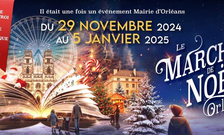 Bandeau promotionnel pour le "Marché de Noël d'Orléans" 2024-2025. L'image est décorée d'un paysage féerique d'hiver, avec un grand livre ouvert au centre dont sort une lumière dorée magique. Autour du livre, on peut voir des éléments emblématiques de Noël, tels que des bonbons en forme de cannes, des sapins enneigés et des décorations lumineuses. En arrière-plan, la grande roue emblématique d'Orléans illumine la scène, avec la cathédrale et des chalets de Noël typiques. À gauche, des bannières rouges indiquent les lieux de l'événement : Place du Martroi, Place de la République, et Place de Loire.