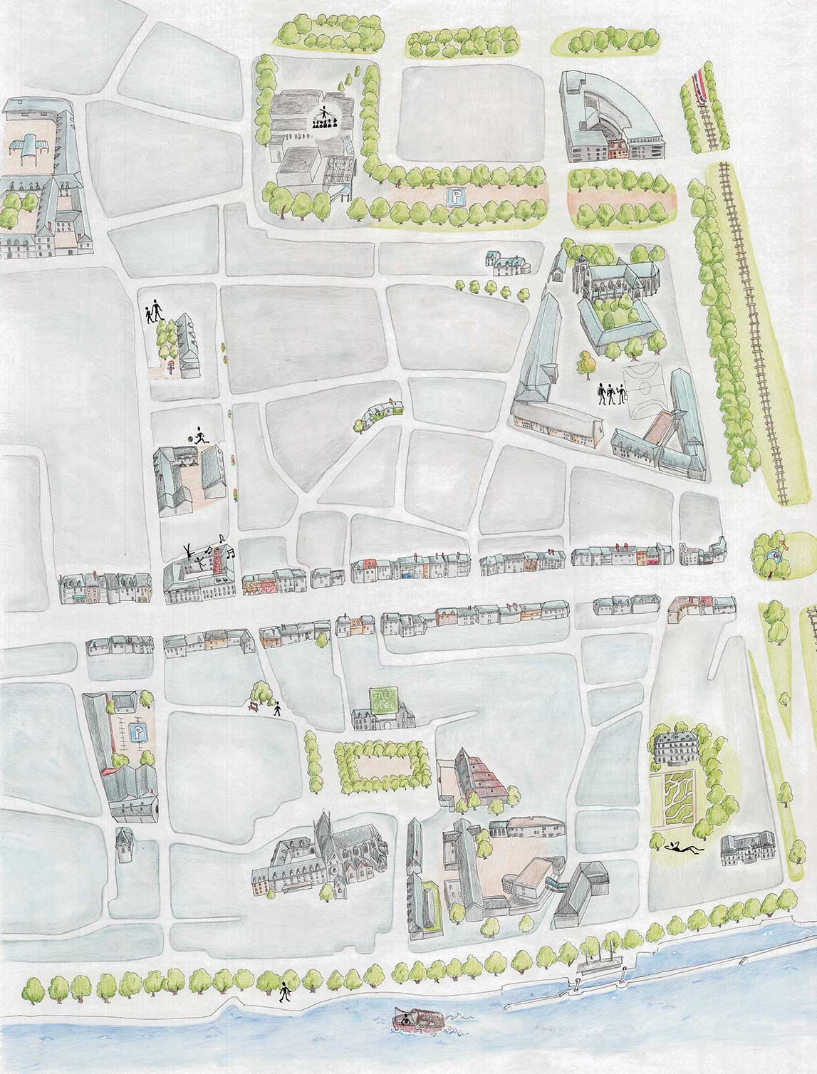 L'image est une aquarelle représentant une vue aérienne du quartier Bourgogne Village à Orléans. Elle montre un plan urbain avec des rues, des bâtiments (certains avec des caractéristiques architecturales distinctes), de la végétation, la Loire, une ligne de chemin de fer et quelques personnages. L'ambiance est paisible et pittoresque, avec des couleurs douces et des détails délicats.
