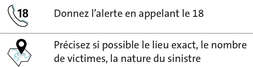 Si vous êtes témoin d'un accident : Donnez l’alerte en appelant le 18, Précisez si possible le lieu exact, le nombre de victimes, la nature du sinistre