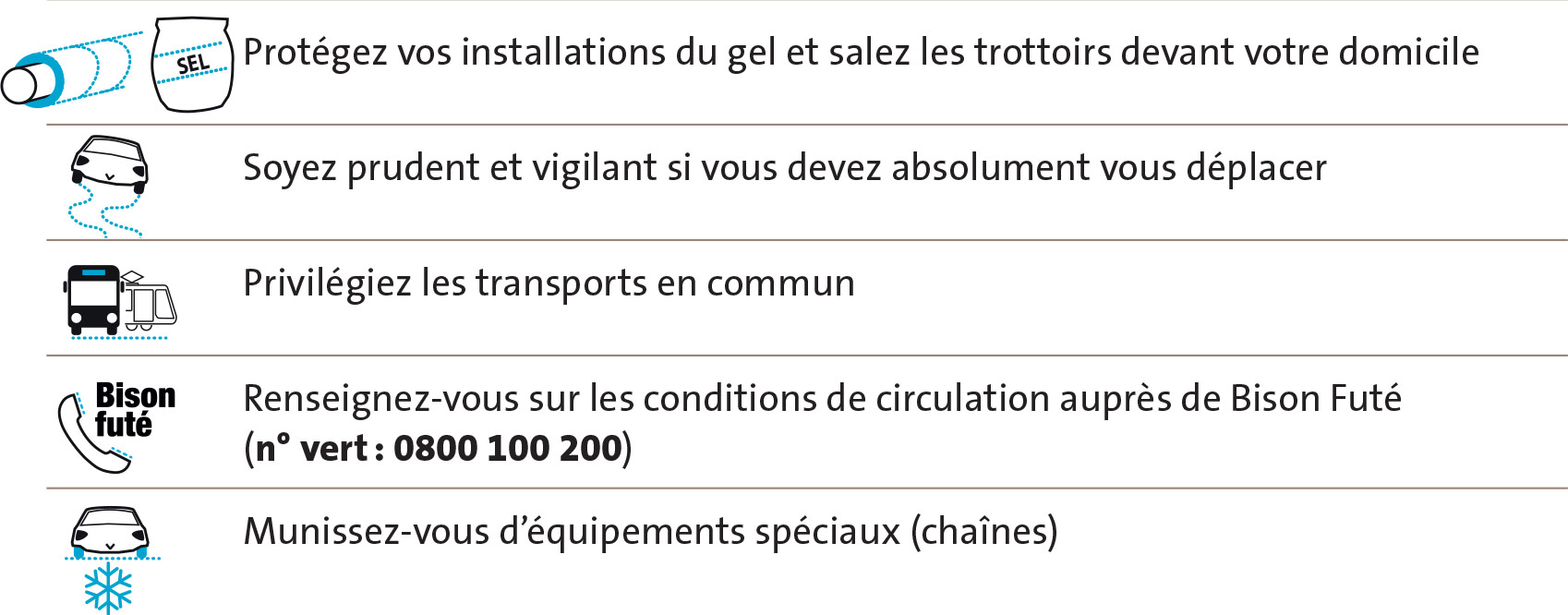 Protégez vos installations du gel et salez les trottoirs devant votre domicile, Soyez prudent et vigilant si vous devez absolument vous déplacer, Privilégiez les transports en commun, Renseignez-vous sur les conditions de circulation auprès de Bison Futé (n° vert : 0800 100 200), Munissez-vous d’équipements spéciaux (chaînes)